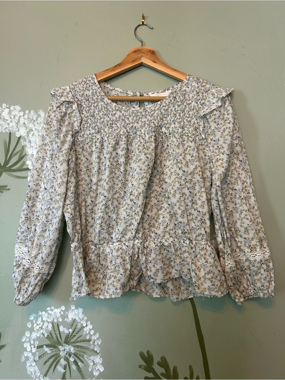 LC Lauren Conrad Cream Floral Smocked Peplum Blouse